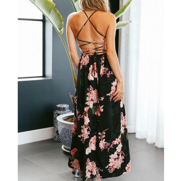 Black Floral Maxi w/ Crisscross Tie Back - Picture 2 of 6